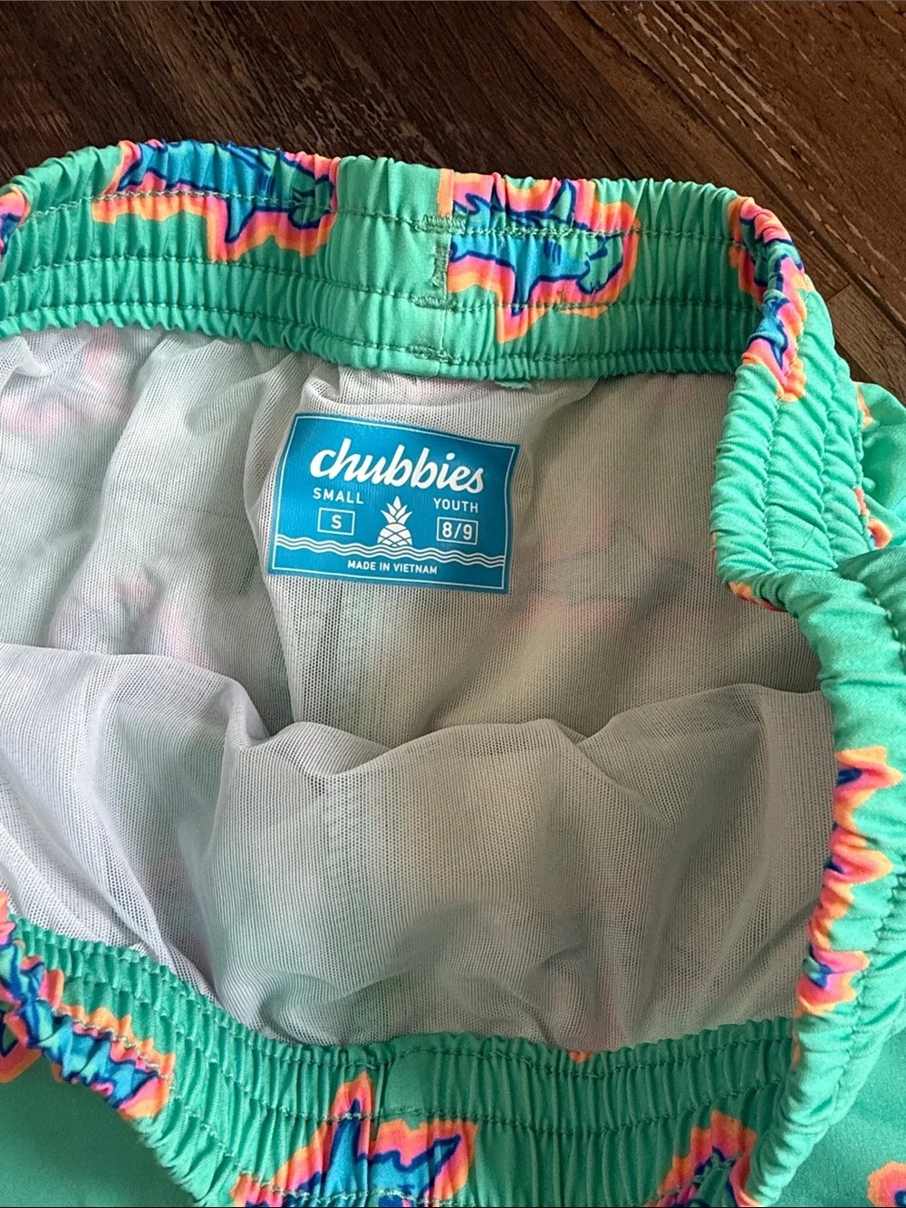 chubbies Mint Swim Trunks with Blue and Pink Shark Print